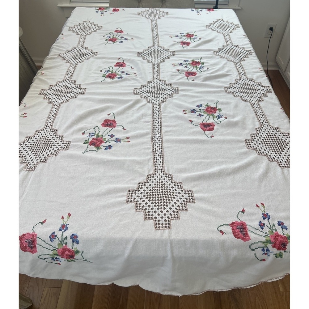 Handmade Cross Stitch Large Tablecloth, Red Rose Embroidery Drawn Thread Linen